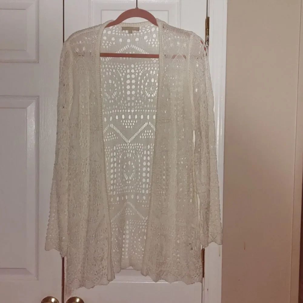 Joan Vass pure  white Pointelle up front  summer spring cardigan Sz XL